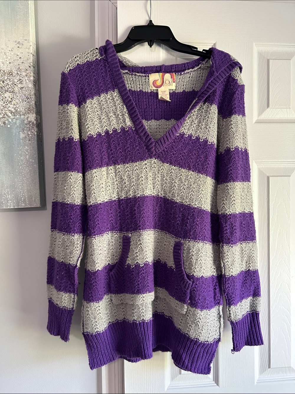 OP Striped V-Neck Hoodie Sweater - Purple & Gray